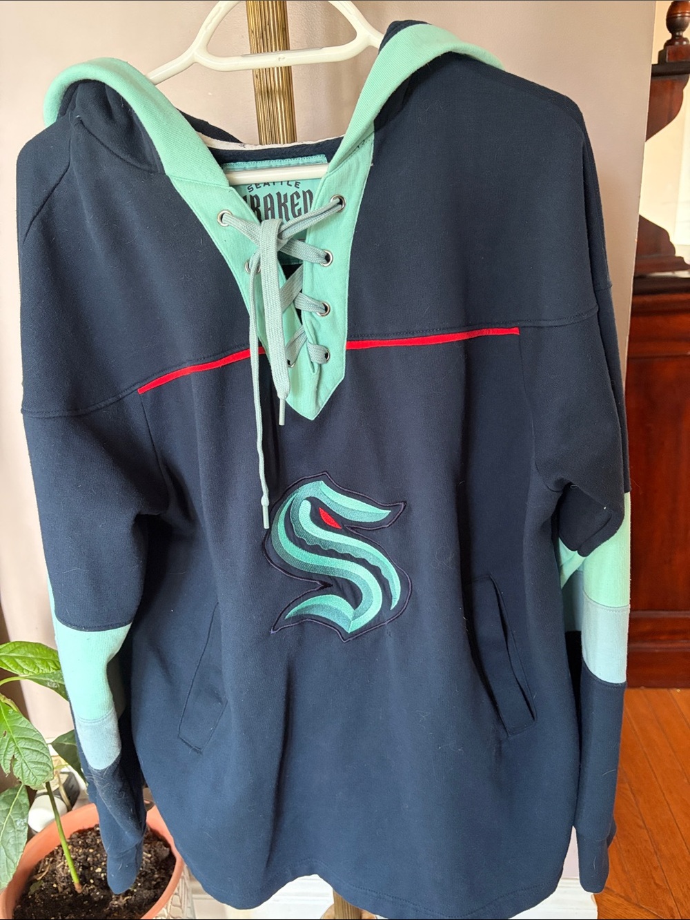 Women's Navy Lace-Up Hoodie with Teal Accents - Seattle Kraken Style